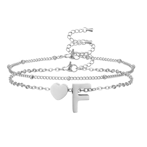 Bracelet personnalisé femme chaîne en argent initiales F pendentif cœur