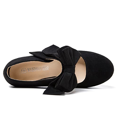 MAIERNISI JESSI Women's Bowknot Mary Jane Block Heel Round Pumps Closed Toe Dress Shoes4