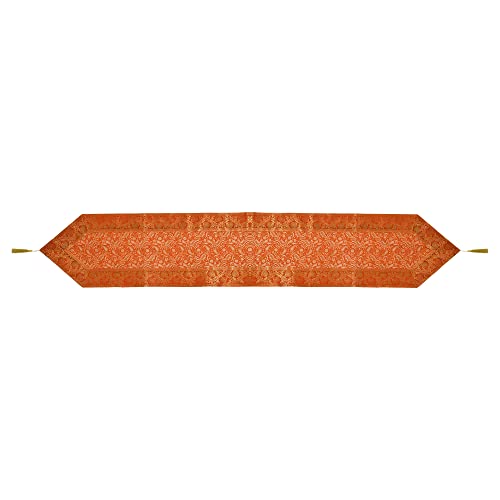 Image of E-EZRA Room Decor Banarasi Silk Handmade Flower V Shape Table Runner Dinning & Centre Table Long Runner Bed Runner Gold Tassels End Size 14 X 80 inches (Orange)