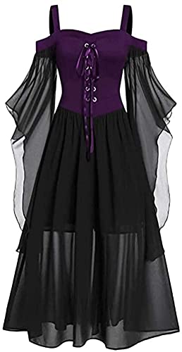 Robes de d'Halloween pour femme Robes médiévales femme Gothique Maille Robes longues Épaules dénudées Robes longues à lacets Manches papillon Robes de cosplay Renaissance Robes de fête d'Halloween Cover