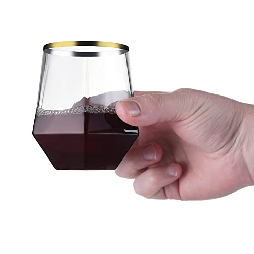 32 Pack Diamond Stemless Plastic Wine Glasses, 12 Oz Unique Diamond Shape, Clear Gold Rim Glasses For Wine, Whiskey, Cocktails, Juice, Trendy & Modern Stemware, Food-Grade Disposable Drinkware #TOP1