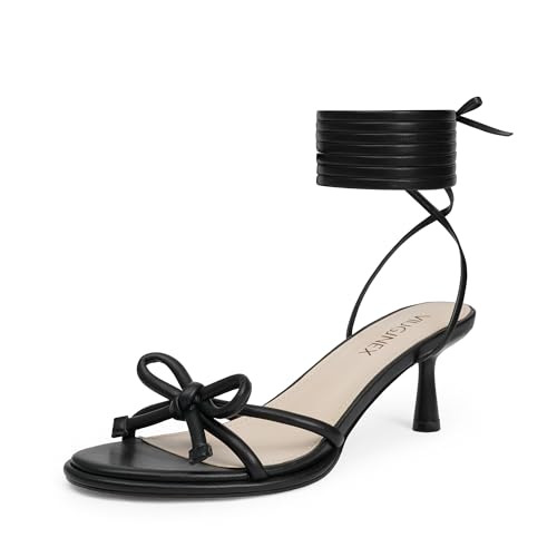 VIUGJNEX Kitten Heels Black Strappy Heels Lace up Rounded Toe Sandals Bow Tie Prom Shoes Party Dressy Summer Shoes Size 8
