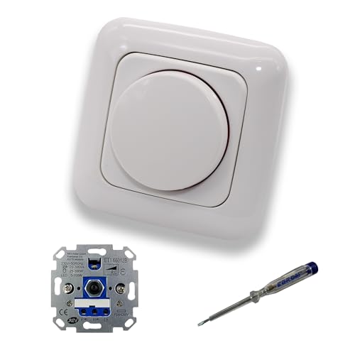 REV Ritter LED Drehdimmer LED Dimmer mit Busch Jäger Dimmerscheibe Zentralplatte 2115-214 Einfachrahmen in Reflex Si alpinweiß glänzend inklusive EBROM Phasenprüfer zur Montage des Dimmers ET1 66012B