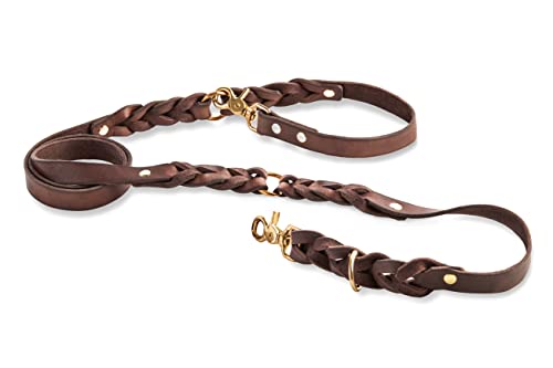 SnugglePAW Hundeleine Echtleder Dunkelbraun & Gold - geflochtene weiche Führleine mehrfach Größenverstellbar 180/130/110cm x 2cm mit Scherenkarabinern für große Hunde Cover