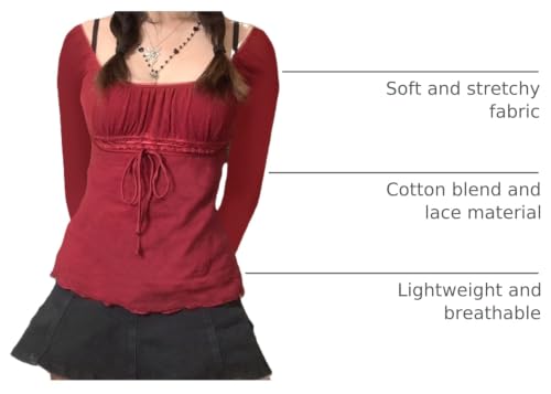 Image of Fairy Grunge Shirts for Women Y2K Tops Long Sleeve Lace Patchwork Tees Teen Girls Vintage Slim Blouse Fall Clothes