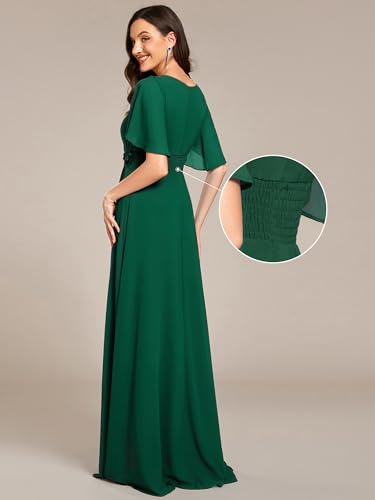Image of Ever-Pretty Women's Classic Round Neck Pleated Short Sleeves Chiffon Appliques Floor Length A Line Formal Evening Dresses