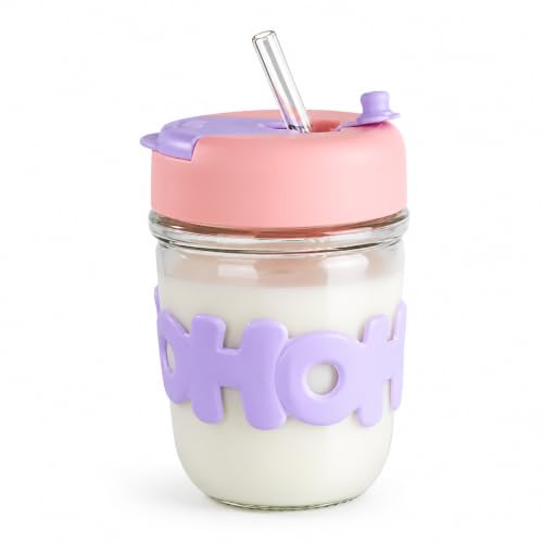 Image of Glass Tumbler with Lid & Straw - 350ml, Set of 1, Leakproof Drinking Cup, Silicone Sleeve, Reusable Iced Coffee Cup for Water, Juice, Milk, Bubble Tea & Gifts (Random Color)