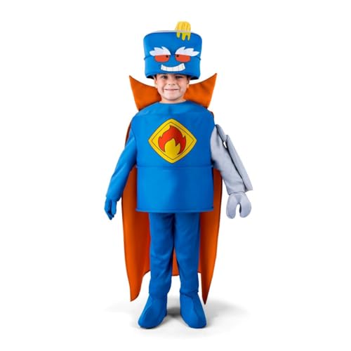 My Other Me   Disfraz para niño de Mr King con gorro, traje, pantalón, cubrebotas, capa, guante, manopla y brazo robot en azul talla 4 5 años. Vive una aventura mágica entre llamas y risas