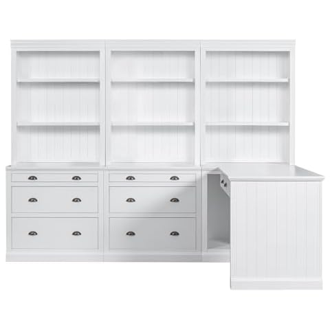 LZ LEISURE ZONE 2 Bookshelf & 1Desk Suite, 83.4" Modern Bookcase Suite with LED Lighting, Drawers and Open Shelves, 3-Piece Set Storage Bookshelf for Living Room/Home Office/Study Room, White Cover
