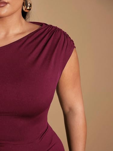 Image of Floerns Women's Plus Size Asymmetrical Neck Long Dress Ruched Slit Hem Cocktail Dress
