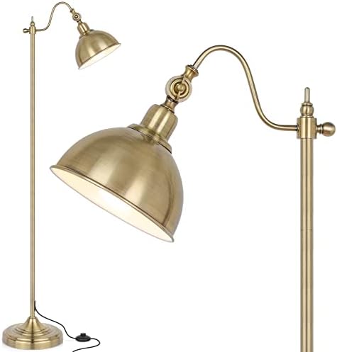 Industrial Floor Lamp,63 Inch LED Floor Lamp Vintage with 11W LED Bulb, Adjustable Metal Heads, Foot Switch, Metal Tall Lamps for Living Room, Bedroom, Office, Corner Lamp- Brass