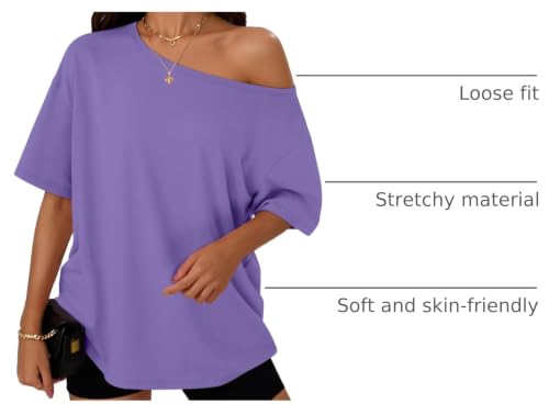 Image of Trendy Queen Womens Off the Shoulder Tops Oversized Summer T-Shirts 2026 | Breathable Strenchy Comfort Material Short Sleeve Basic Oversized Tees Casual Workout Gym Y2k Going Out Clothes