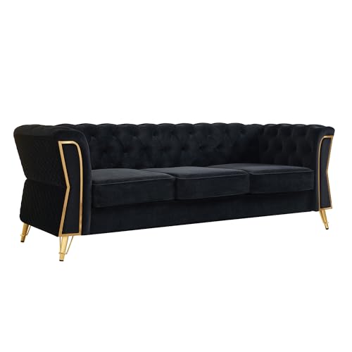 Image of KEIKI 87 inch Chesterfield Velvet Button Tufted Sofa with High Density Foam Cushions, Modern Style 3-Seater Couch with Gold Strip Trim Decoration, Easy Assembly, for Apartment, Living Room, Office, Black