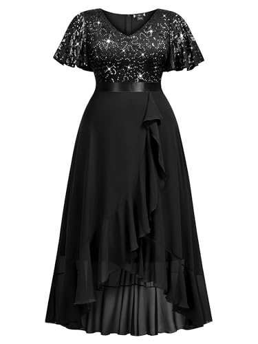 Image of MISSMAY Women's Plus Size V Neck Sequin Lace Butterfly Sleeves Formal Evening Party Long Dress