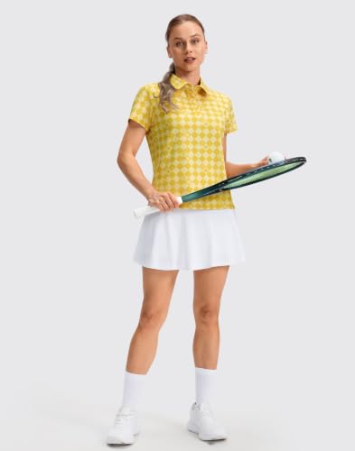 SANTINY Golf Polo Shirts for Women Short Sleeve Quick Dry 3 Buttons Collared Pickleball Shirt Summer Golf Tennis Tops (Yellow Tennis Check_S) — view 3
