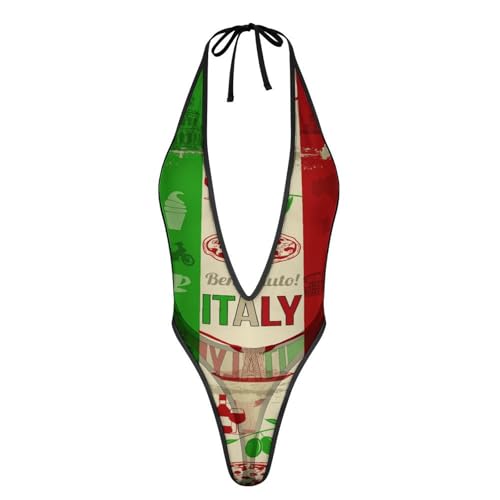 Italian Food Spots Map Flag Deep V Halter Lingerie Bodysuit Sexy Mesh Teddy Babydoll for Women 1 Piece XL