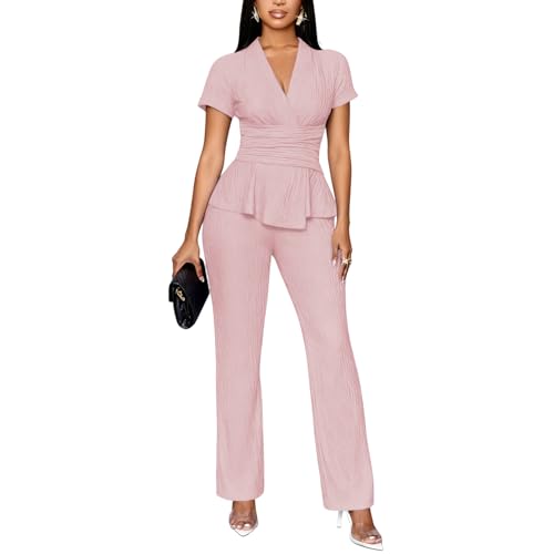 TOPSRANI Womens Bodycon Lounge Sets Two Piece Outfits Casual Sweatsuits Tracksuit V-Neck Short Sleeve Cute Pants Sets Solid Light Pink M