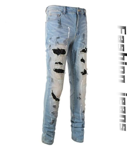 Jeans Pants Trousers Denim Ripped Distressed Hole Stretch Slim Fit Light Blue Zircon Sequin Street Trendy Graffiti Small Straight Leg for Men(Light Blue,31)4