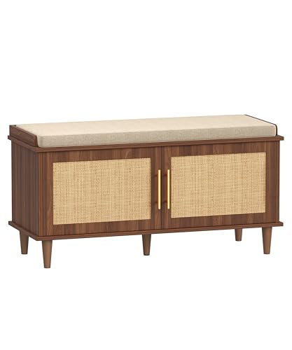 Akxomel 39.4" Rattan Shoe Storage Bench 2 Doors Entryway Bench Walnut