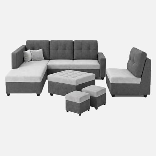 Image of FURNY Nathan 8 Seater L Shape Sofa Set LHS (Light Grey-Dark Grey) | Suede Velvet Finish | Durable Comfort Sofa for Modern Living Room & Office Spaces