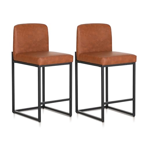 ALPHA HOME Barhocker 2er Set Barhocker mit Lehne Pu-Leder Küchenhocker Barstuhl 2er Set mit Fußstütze für Küchentheke Stabiler Metallstahlrahmen, Braun