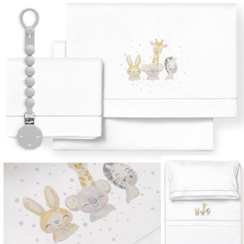 Sabanas Cuna 60x120 100 Algodón Set 3 Piezas Con Sabana Bajera Transpirable Ajustable Lavable Funda Almohada Suave Pack Para Descanso De Bebes Y Recien Nacidos Chupetero De Regalo - Acuarela