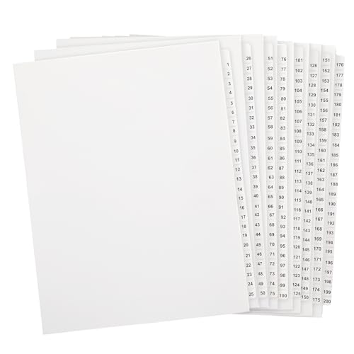 Yeaqee 1-200 Numbered Tab Dividers Un-Punched Letter Size 8.5 x 11 Inch Paper Page White Binder Index Dividers for Office Documents Files (White,1 Set)