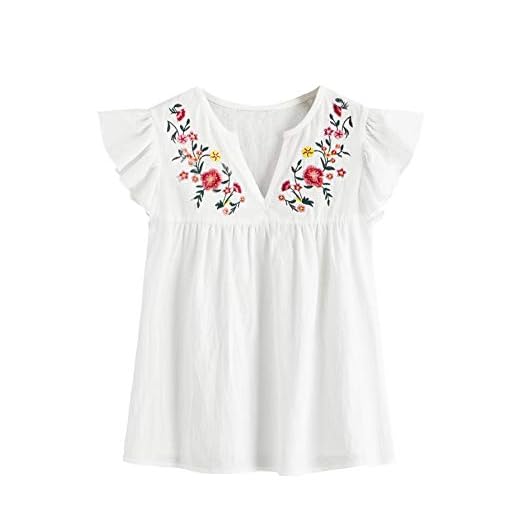 Floerns Women's V Neck Peasant Mexican Shirts Embroidered Floral Tops Blouses White L