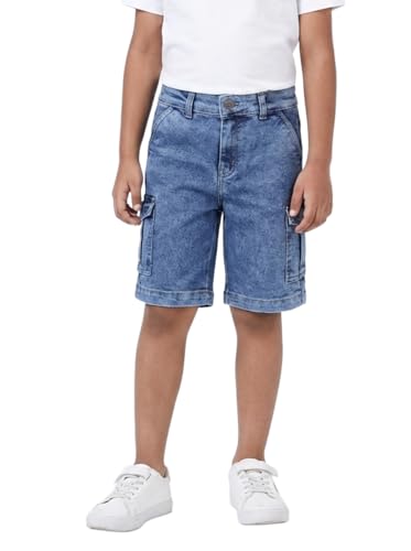 Image of KiddoPanti Boys Knee Length Cargo Denim Shorts with Flap Pockets & Button Closure Casual Wear