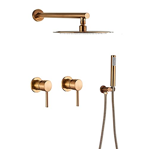 WYUYIW Duscharmatur-Set aus gebürstetem Roségold, 25,4 cm runder Regenduschkopf mit Handbrause, Wandbrause, Zweigriff-Badewannen-Duschmischer