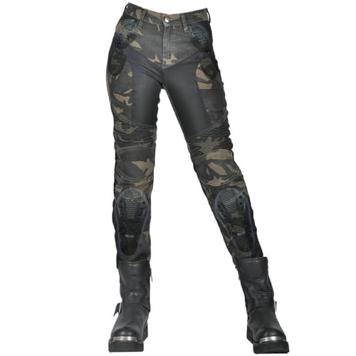 QIYUANT Pantalones de Moto Verano para Mujer Camuflaje Motocicleta Jeans Respirable Resistencia Desgarro Pantalón de Motorista Retro Casual Elásticos con Protecciones Mejorada (Verde, S)