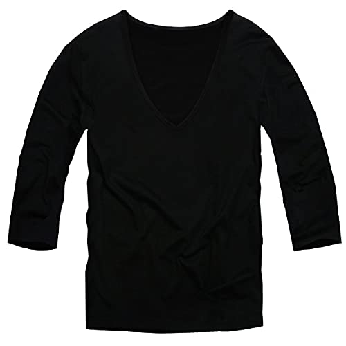 [SWANUNION] Tシャツ メンズ 七分袖 無地 インナー トップス 男性 カットソー 細身 タイト 深V首 L ブラック f157-L-va1 - SWANUNION - 商品画像