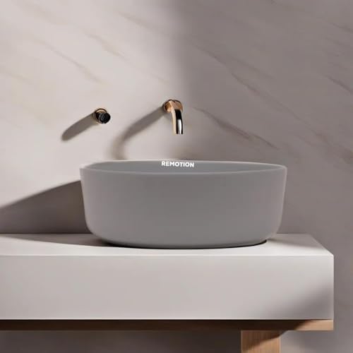 Image of REMOTION Round Countertop Wash Basin For Bathroom | Tabletop Ceramic Bathroom Sink | Wash Basin Over Counter | Wash Basin For Living Room, Resturent (12.5 x 12.5 x 5 Inch) (Matte Grey)