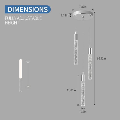 Image of Modern Light Fixture Kitchen Island Pendant Light Dimmable LED Chrome Pendant Lights Mini Crystal Pendant Lighting for Bedroom Dining Room Living Room(3-Light )
