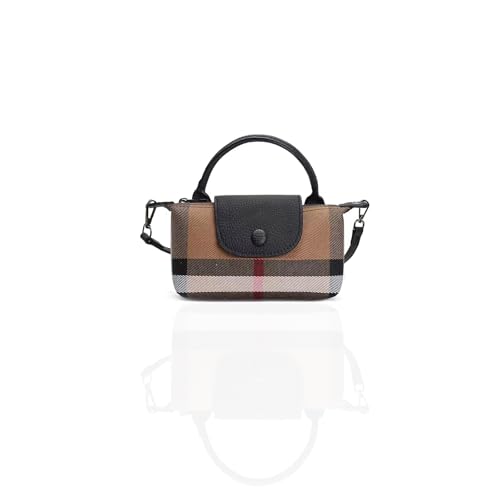 Image of Mini Plaid Canvas Handbag for Women PU Leather Top Handle Checked Bucket Hand Bag