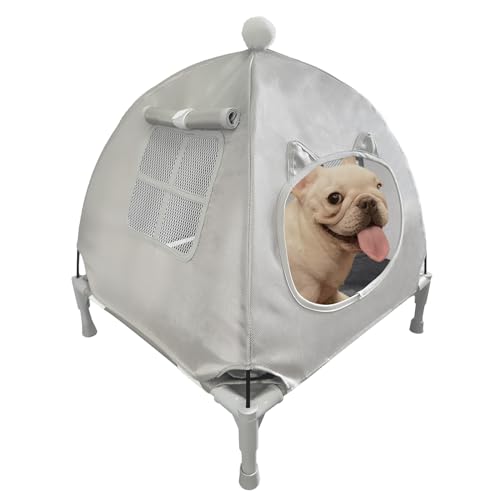 Love&go Cama elevada para perros con marco de metal, cuna elevada refrescante para perros y gatos (pequeña: 18.5 x 18.5 x 5.5 pulgadas, S - Cama gris + alfombrilla + dosel)