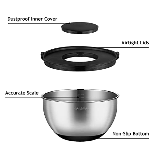 Velaze Mixing Bowls With Airtight Lids,5 Piece Stainless Steel Nesting Bowls Set,Non-Slip Silicone Bottom With 3 Grater Attachments And Measurement Marks,Size 5,3,2,1.5,1 Qt For Baking&Prepping #TOP5