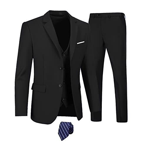 Image of Furuyal Men's Suits 3 Piece Slim Fit Suit Set,Two Button Wedding Business Tuxedo Solid Blazer Jacket Vest Pants with Tie