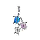 Unique Beautiful Hawaiian Mom & 2 Baby Sea Turtle Necklace, Sterling Silver Tri-color Opal Sea...