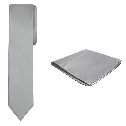 Jacob Alexander Solid Color Men's Skinny Tie and Hanky Set - Platinum Silver