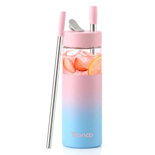 Tronco 24 oz Glass Tumbler with Lid & Straw, Iced Coffee Cup - Smoothie Cup with Silicone Lid for Boba Tea, Home, Office, Travel & Gifts, Borosilicate Glass Cups, BPA-Free, Leak-Proof, Dishw