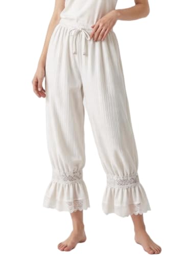 Image of UAURORAO Women Lace Trim Bloomer Pants Flowy Culottes Pantaloons Bloomers
