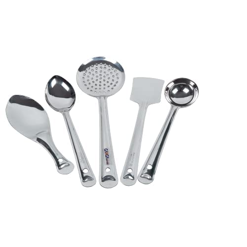5-Piece Spoon Set for Kitchen | serving Spoon Set | Kitchen Accessories Items for Home Cooking | Big Sp-oon, Skimmer, Ladle, Flex Turner, Rice Sp-oon | Silver Finish 5-Piece Spoon Set for Kitchen | serving Spoon Set | Kitchen Accessories Items for Home Cooking | Big Sp-oon, Skimmer, Ladle, Flex Turner, Rice Sp-oon | Silver Finish