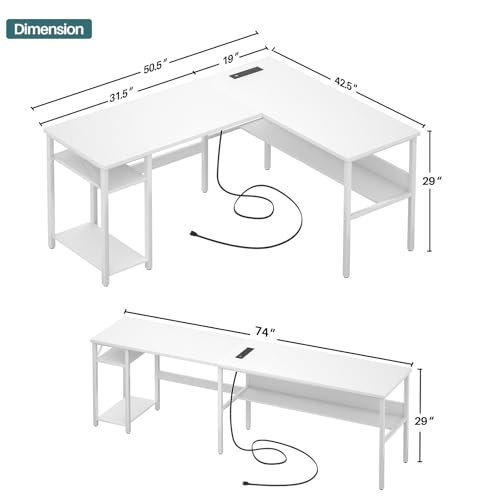 Unikito Reversible L Shaped Computer Desk with Magic Power Outlets and USB Charging Ports, Sturdy Corner Desk with Storage Shelves, Durable Work Desk for Home Office, Easy to Assemble, White - Thumbnail 3
