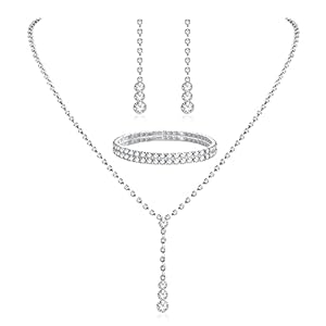 Jstyle Silver Bridal Wedding Jewelry Set Crystal Necklace Bracelet Dangle Earrings Set for Bride Bridesmaid Rhinestone Necklace Prom Costume Jewelry Set Accessories for Women