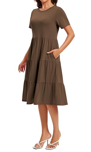 Image of Womens Summer Short Sleeve Crew Neck Midi Dress 2026 Casual Fit Flowy Tiered Beach Vacation Sundress with Pockets