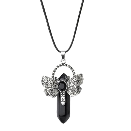 ZSKunity Unisex Natural Crystal Hexagonal Column Dragonfly Pendant Necklace,Fashion Jewelry (Black agate)