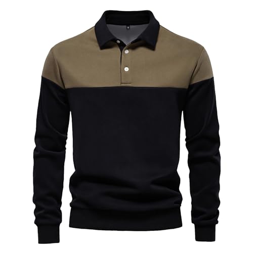 Men's Preppy Polo Shirts Stylish Color Block Casual Long Sleeve Slim Fit Pullover Spring Sweatshirt with Collar