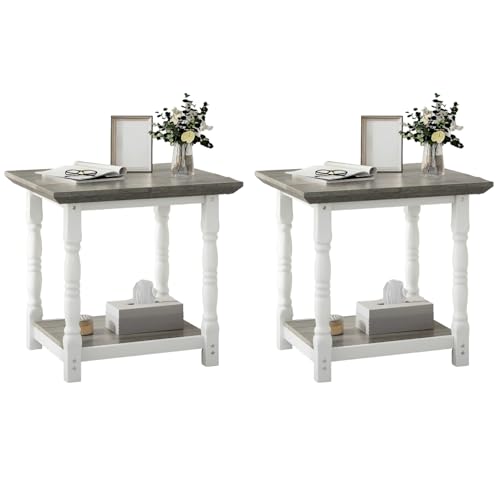 DWVO Farmhouse Square Coffee Table Set of 2, Antique Accent Side Table with Floor Shelf, 23.6"x 23.6" Living Room Furniture, Vintage Ivory & White