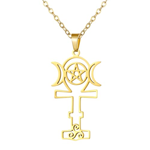 Collier croix Hécate doré acier inoxydable fin pendentif déesse triple lune wicca